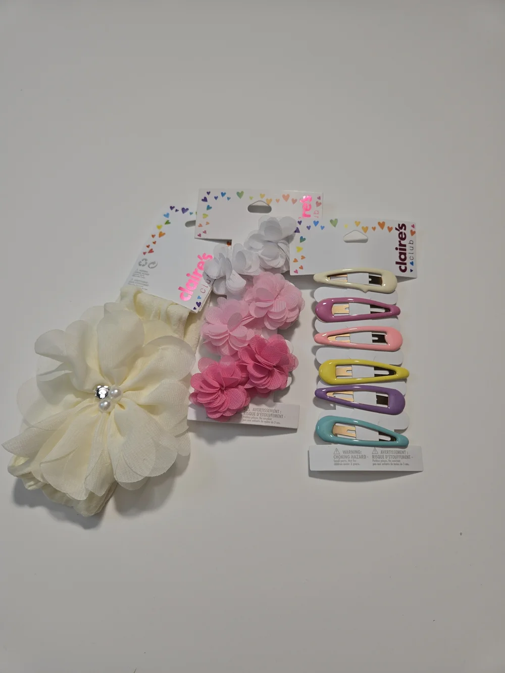 Claire's Pastel Flower Head Band, Hair Clip Set - Cream, Pink, White, Pastel Mix